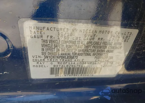 2019 Nissan Versa 1.6 Sv z USA, uszkodzony, nr VIN 3N1CN7AP8KL835873